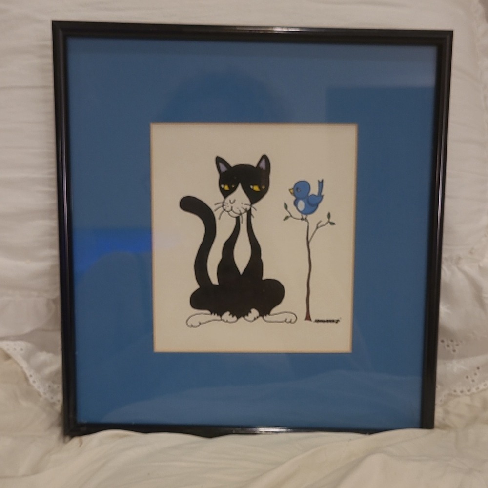 Black & White Cat with Blue Bird Framed Print Blue Mat Matted Art